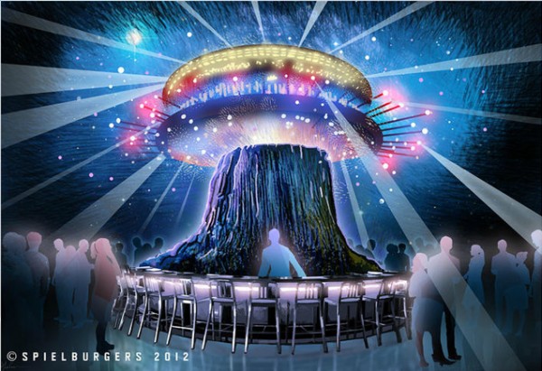 Spectacular concept art promotes some of the themed areas in the restaurant like this dramatic rendering for 'Close Encounters of the Third Kind'.