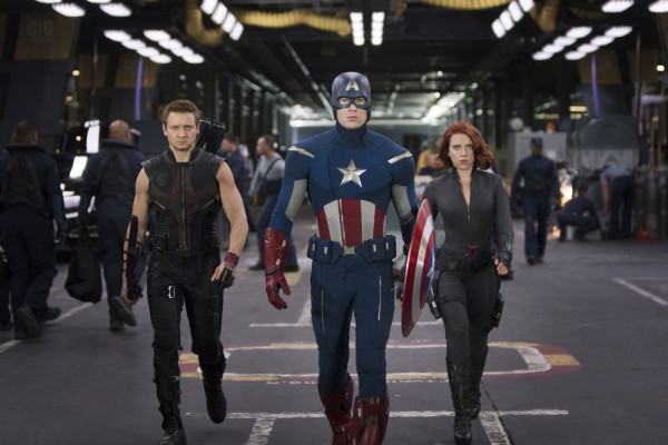 L to R: Hawkeye (Jeremy Renner), Captain America (Chris Evans) & Black Widow (Scarlett Johansson)