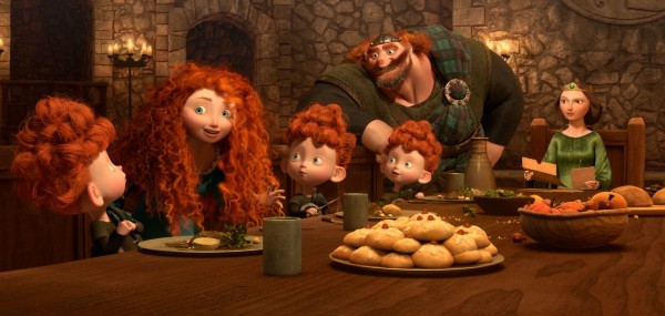 (L-R) MERIDA amongst the triplets: HARRIS, HUBERT and HAMISH; KING FERGUS and QUEEN ELINOR.