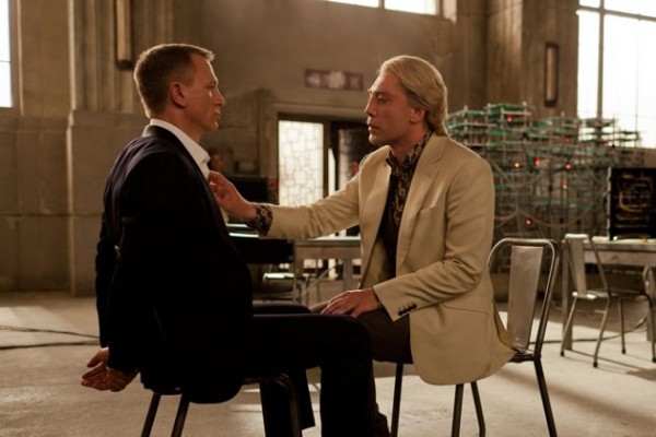 Bond and Sylva (Javier Bardem) in a tense scene from SKYFALL