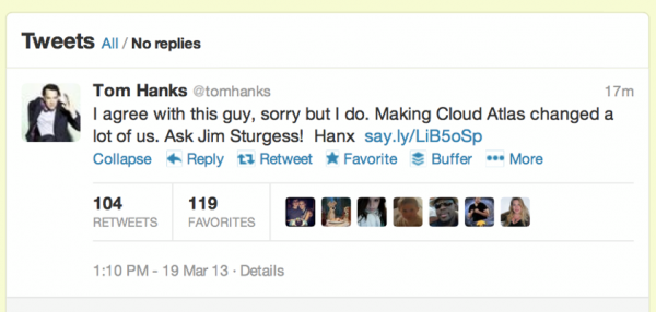 Tom Hank's Tweet about Joshua Voiles YouTube video