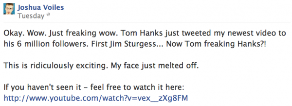 Joshua Voiles Facebook reaction to Tom Hank's Tweet