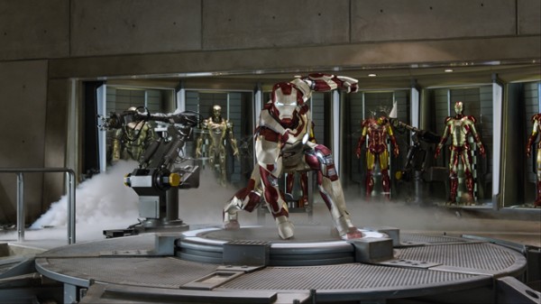 Tony Stark in his Iron Man new armor with some changes of suits looking on in IRON MAN 3 