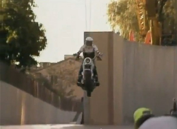 A behind-the-scenes shot of the 'T2' Harley jump rehearsal.