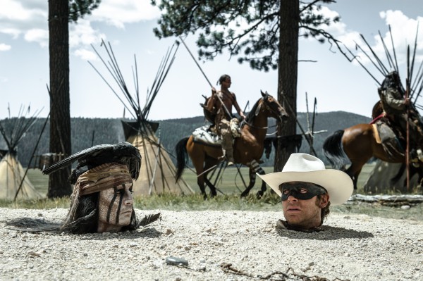 Tonto (Johnny Depp) and Lone Ranger (Armie Hammer) in a predicament