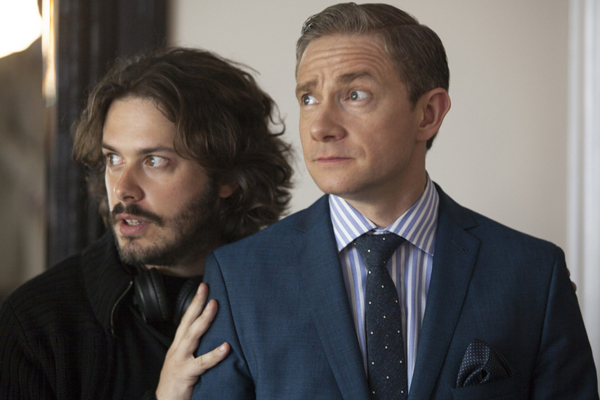 Director Edgar Wright positions Martin Freeman on the set of The World's End