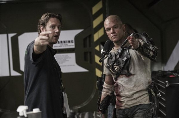 Director Neill Blomkamp (left) and Matt Damon on the set of Elysium