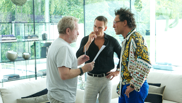 Director Ridley Scott with Michael Fassbender and Javier Bardem on the set of THE COUNSELOR