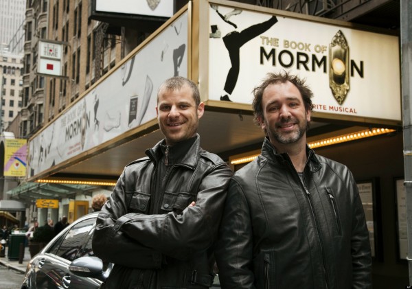 Trey Parker, right, and Matt Stone, co-creators of the Broadway show "The Book of Mormon," pose for a portrait outside the Eugene O'Neill Theatre in New York. (AP Photo/Victoria Will, File)