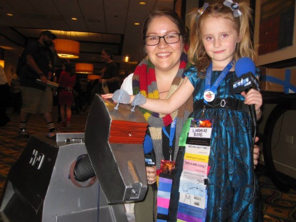 Lindalee and a fan with her home-made K-9 Companion robot