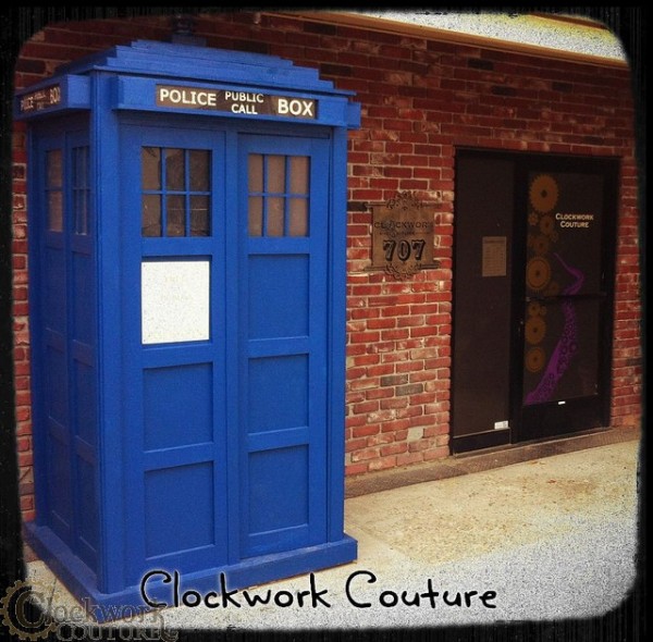 The TARDIS parked outside of the Clockwork Couture store. Wonder which Doctor is shopping inside?