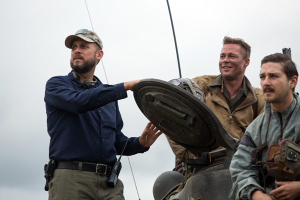 Director David Ayer with Brad Pitt and Shia LaBeouf on the set of  FURY.