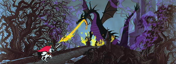 Prince Phillip fights off Malificent disguised as a dragon