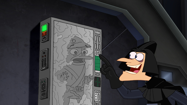 Perry gets frozen in carbonite by "Lord Darthenshmirtz"